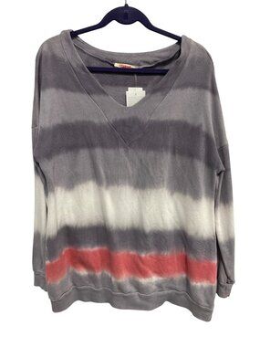 Mazik Pullover Sweater Size Large Tie Dye V Neck Long Sleeve Gray Coral Cozy NEW